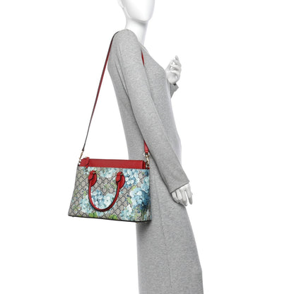 Gucci GG Supreme Blooms Small Zip Top Tote Beige Blue Navy Hibiscus Red