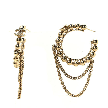 Chanel Metal Crystal Bead Chain CC Hoop Earrings Gold