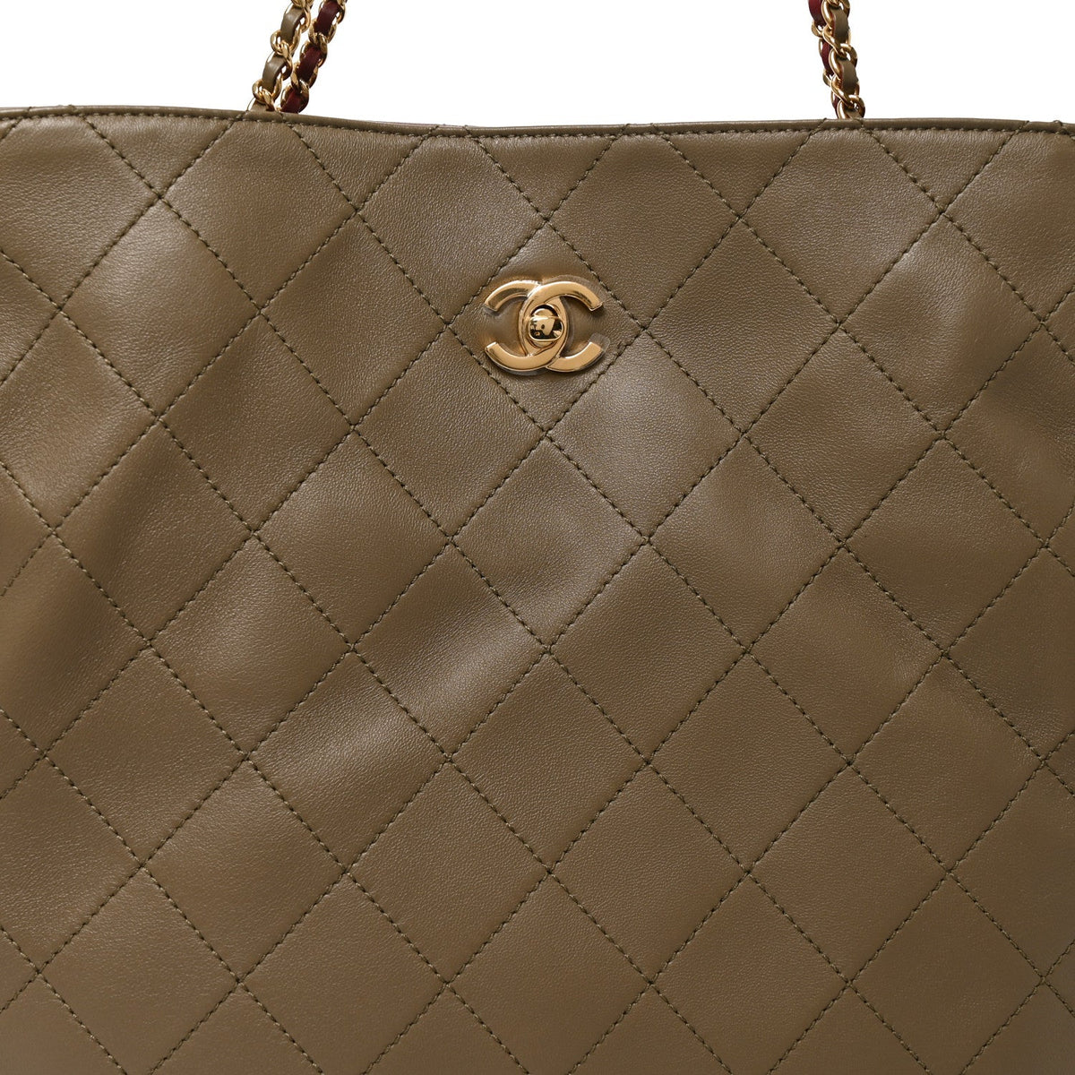 Chanel Lambskin Quilted Drawstring Shopping Bag Dark Khaki