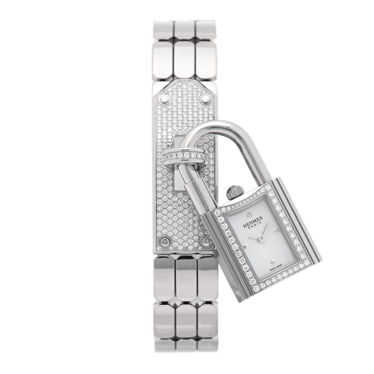 Hermes Stainless Steel Diamond 16mm Kelly Quartz Watch White 1921188