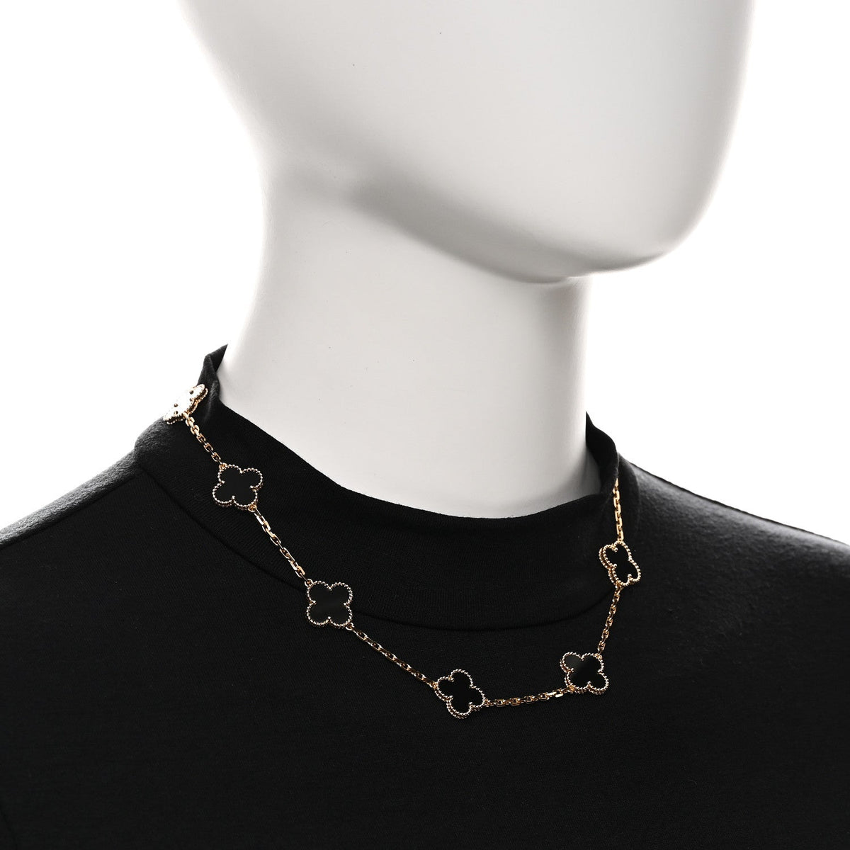 Van Cleef & Arpels 18K Yellow Gold Onyx 10 Motif Vintage Alhambra Necklace