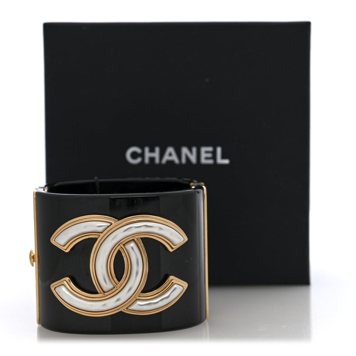 Chanel Resin Pearl Enamel CC Cuff Bracelet Black Gold