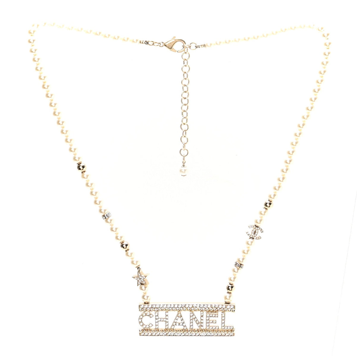 Chanel Crystal Pearl Star Logo Necklace Gold