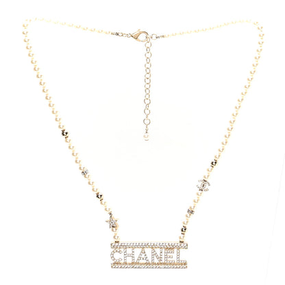 Chanel Crystal Pearl Star Logo Necklace Gold