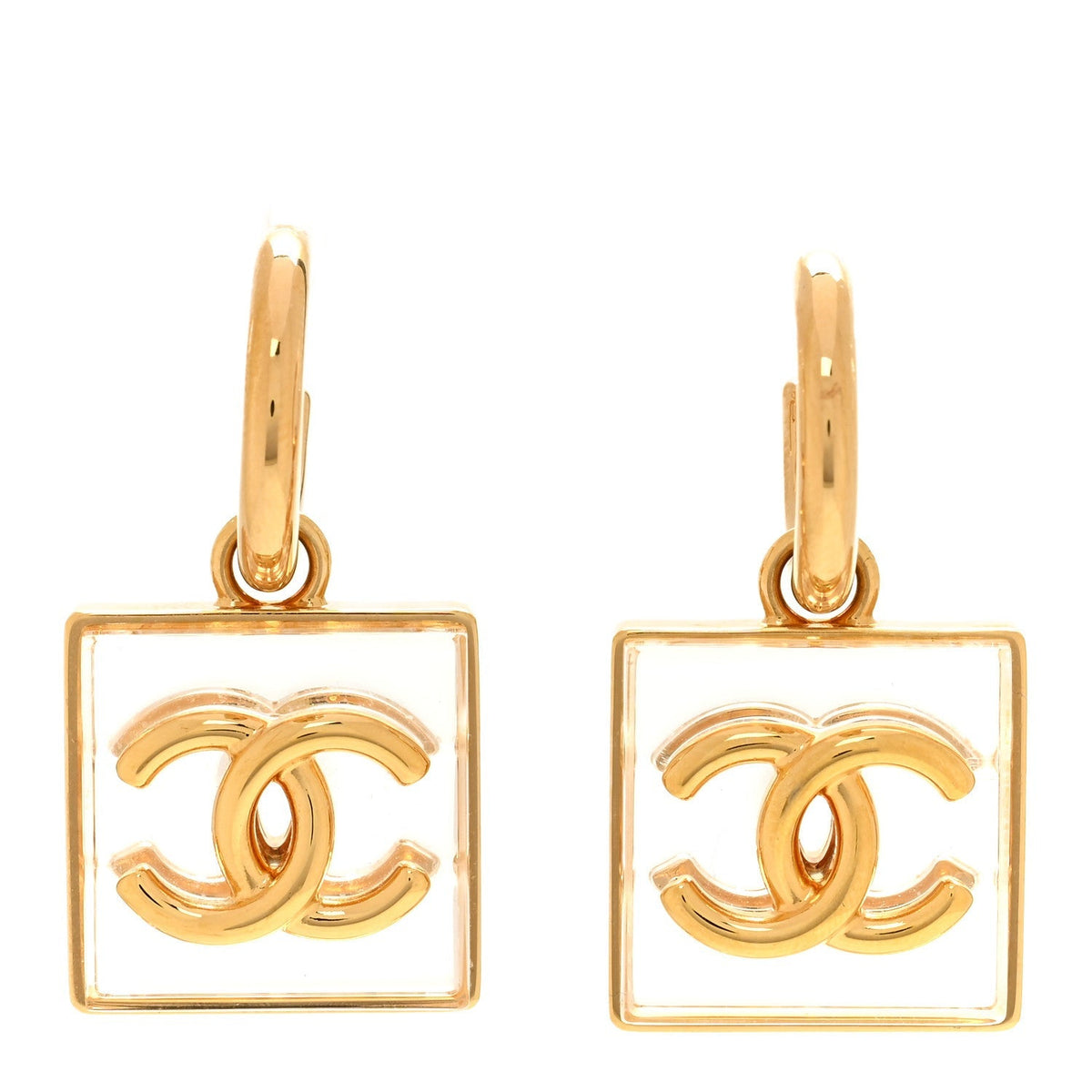 Chanel Metal Resin CC Square Drop Earrings Gold Transparent