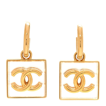 Chanel Metal Resin CC Square Drop Earrings Gold Transparent
