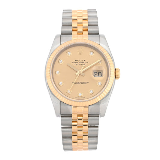 Rolex Stainless Steel 18K Yellow Gold Diamond 36mm Datejust Watch Champagne