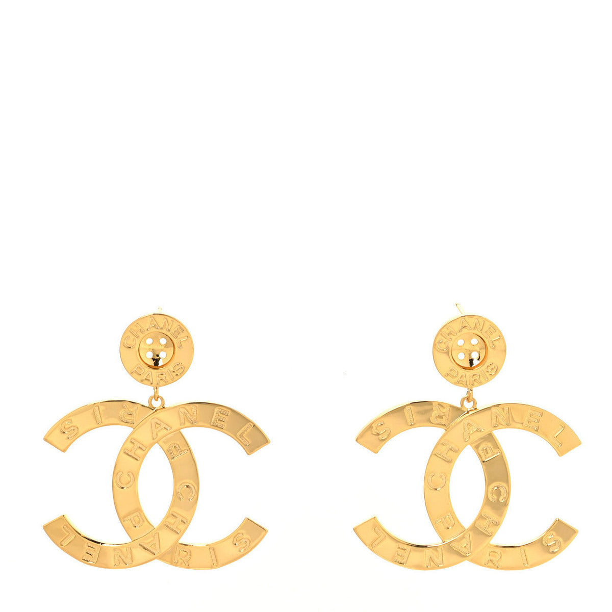 Chanel Metal Large Paris Button Earrings Gold