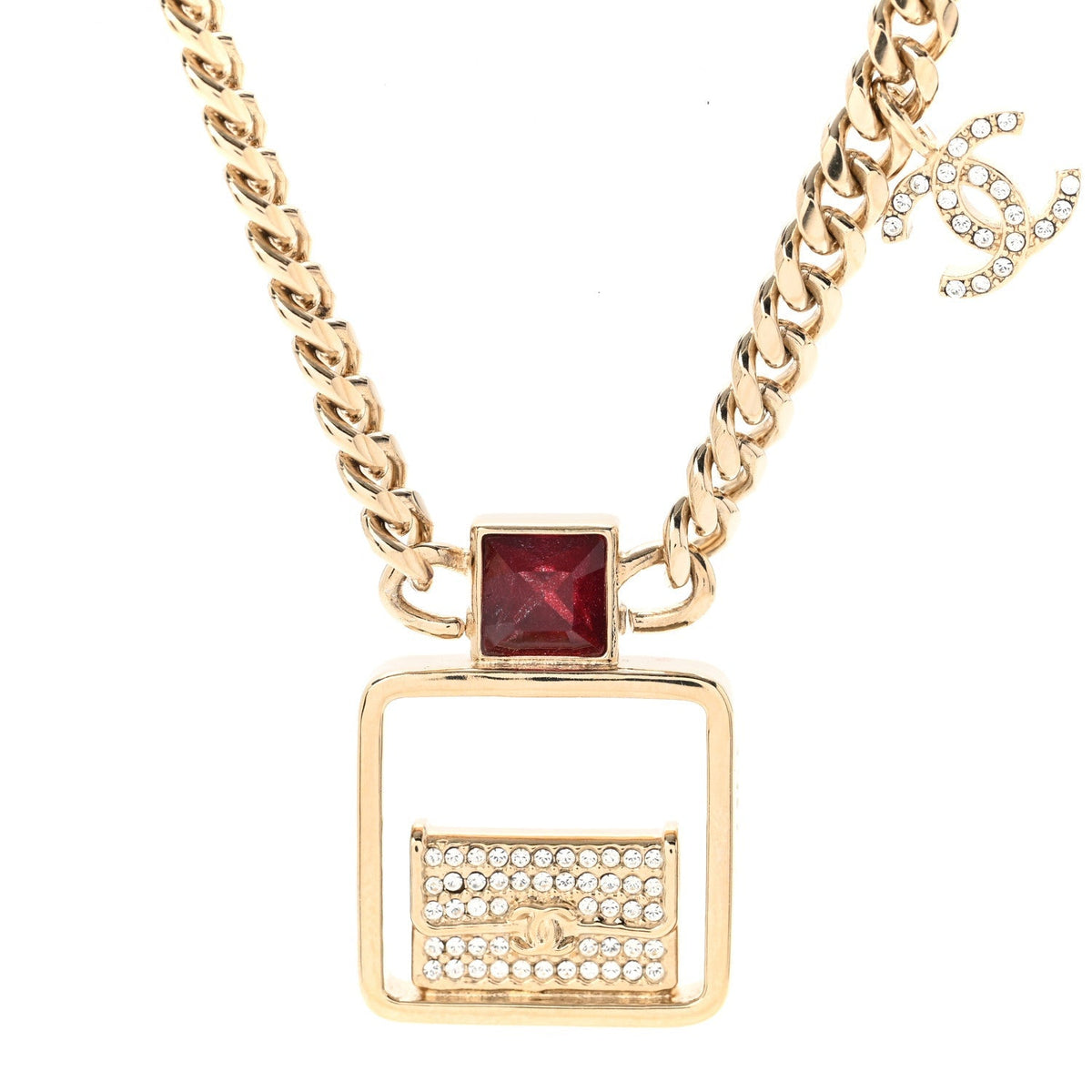 Chanel Metal Crystal Quilted Flap Bag Necklace Gold