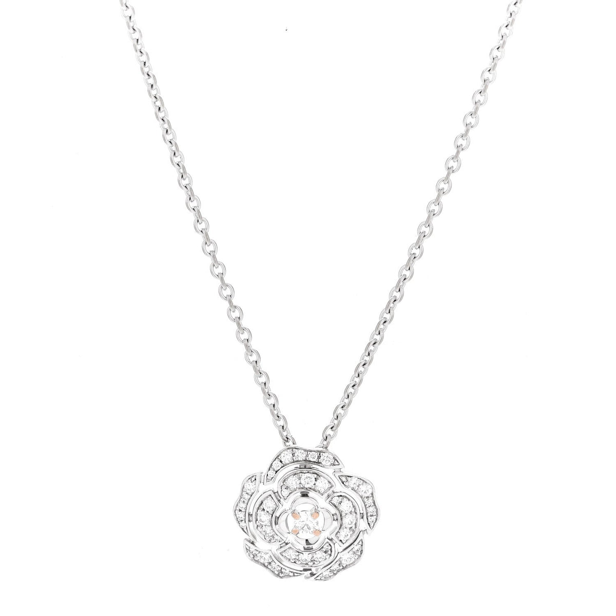 Chanel 18K White Gold Diamond Bouton de Camelia Pendant Necklace