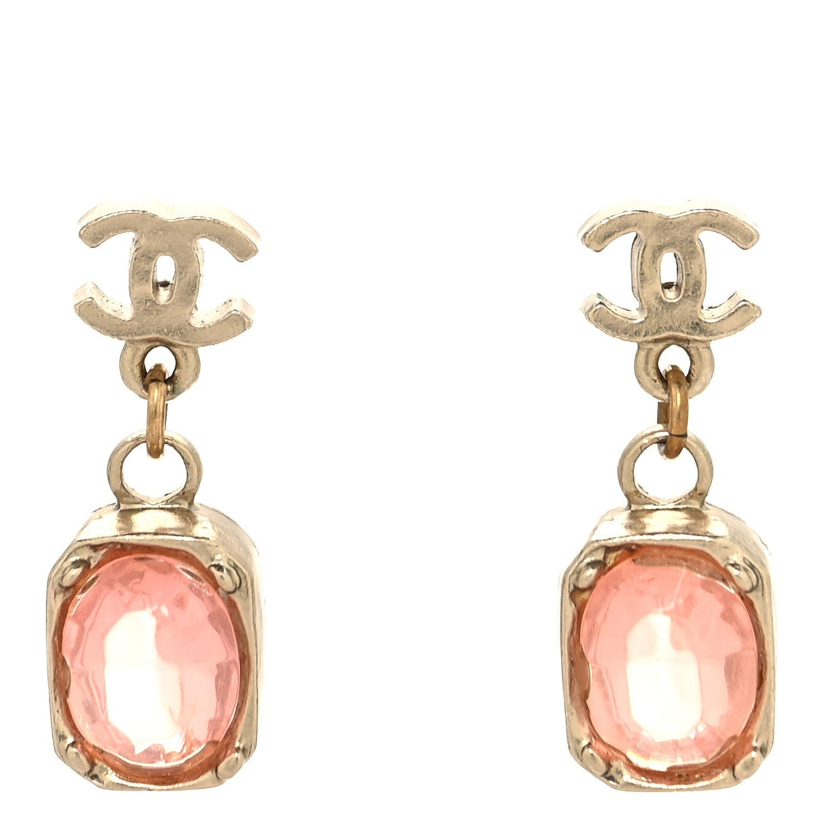 Chanel Crystal CC Drop Earrings Pink Gold