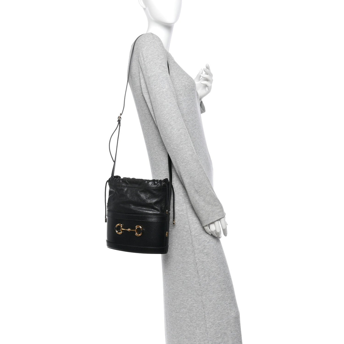 Gucci Calfskin Horsebit 1955 Drawstring Bucket Bag Black