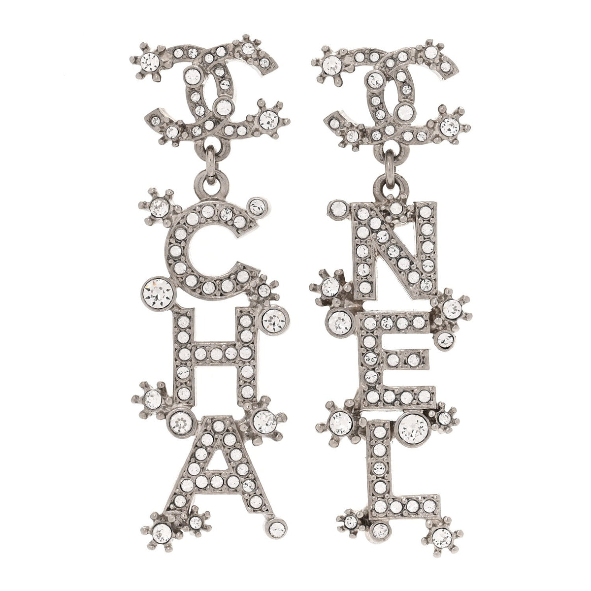 Chanel Crystal Cha-Nel Logo Drop Earrings Silver