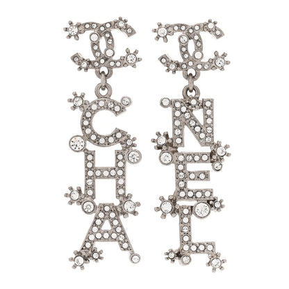 Chanel Crystal Cha-Nel Logo Drop Earrings Silver