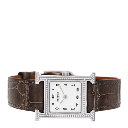 Hermes Stainless Steel Alligator Diamond 21mm Heure H Watch Gris Elephant