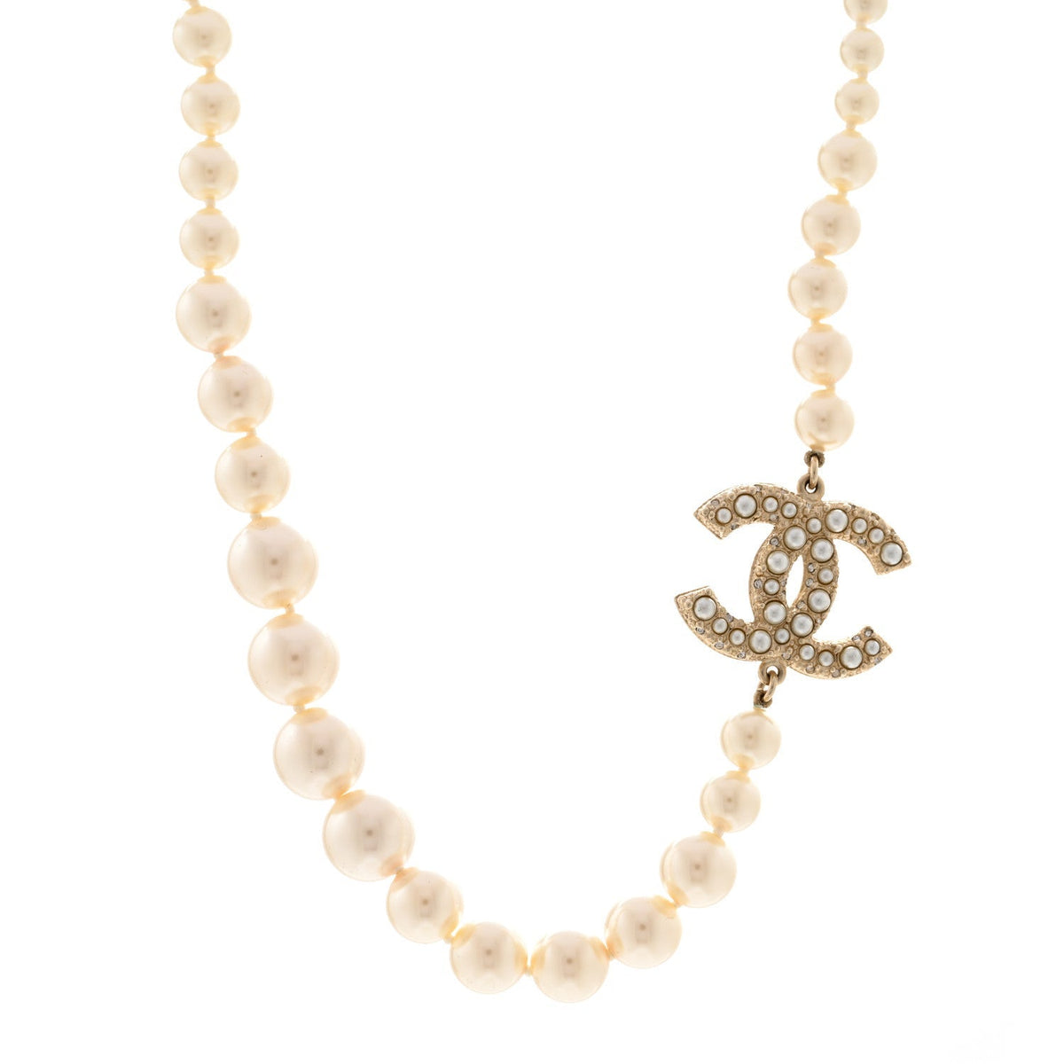 Chanel Resin Pearl Crystal CC 100th Anniversary Necklace Light Gold