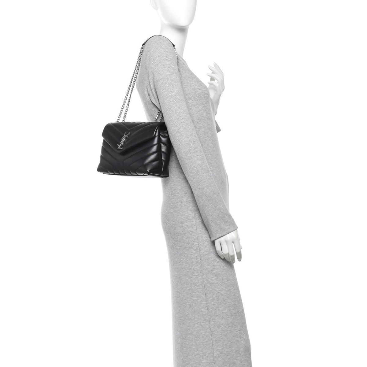 Saint Laurent Calfskin Y Quilted Monogram Small Loulou Chain Satchel Black
