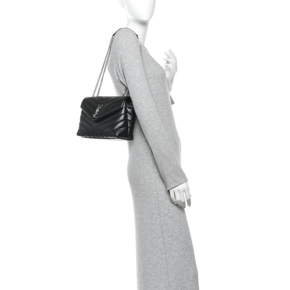 Saint Laurent Calfskin Y Quilted Monogram Small Loulou Chain Satchel Black