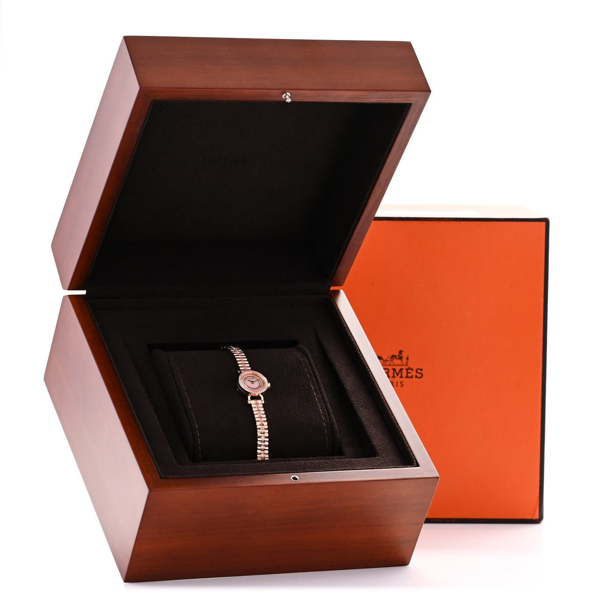 Hermes 18K Rose Gold Diamond Pink Sapphire 16mm Faubourg Quartz Watch