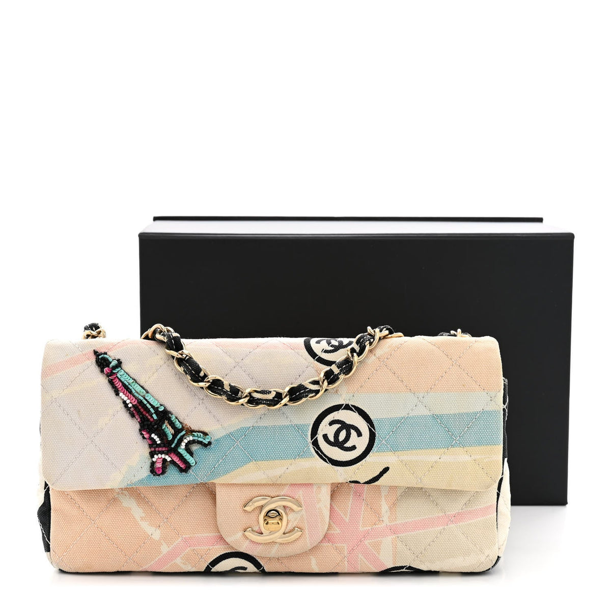 Chanel Canvas Small Printed Eiffel Tower Flap Bag Beige Multicolor