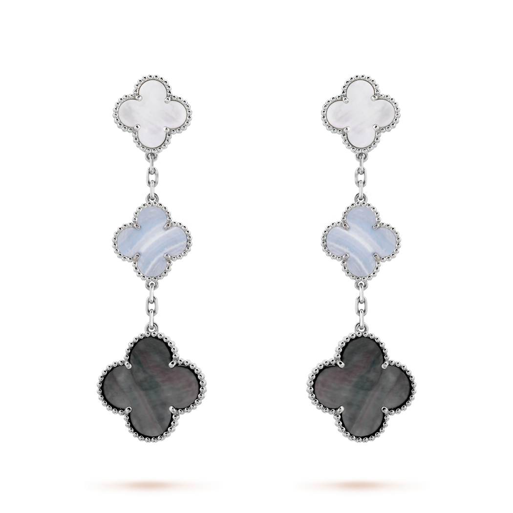 18K White Gold MOP Chalcedony VCA Magic Alhambra Earrings 3 Motifs