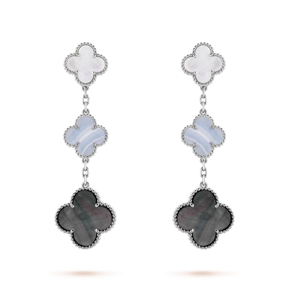 18K White Gold MOP Chalcedony VCA Magic Alhambra Earrings 3 Motifs