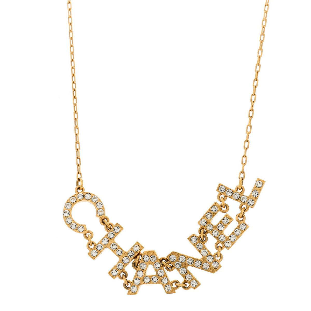 Chanel Metal Crystal 90's Icon Logo Necklace Gold