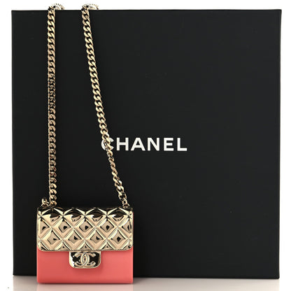 Chanel Metal Resin Flap Bag Long Necklace Gold Pink