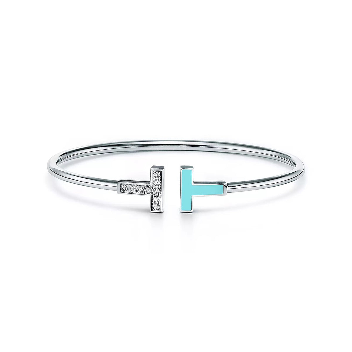 18K White Gold Diamond Turquoise Tiffany T Wire Bracelet