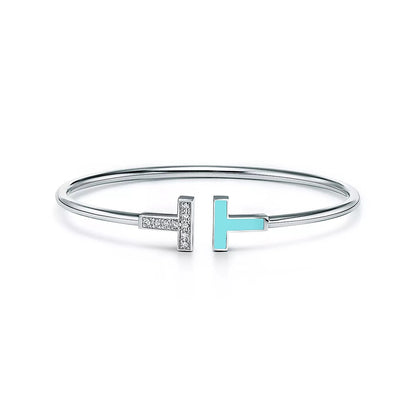 18K White Gold Diamond Turquoise Tiffany T Wire Bracelet