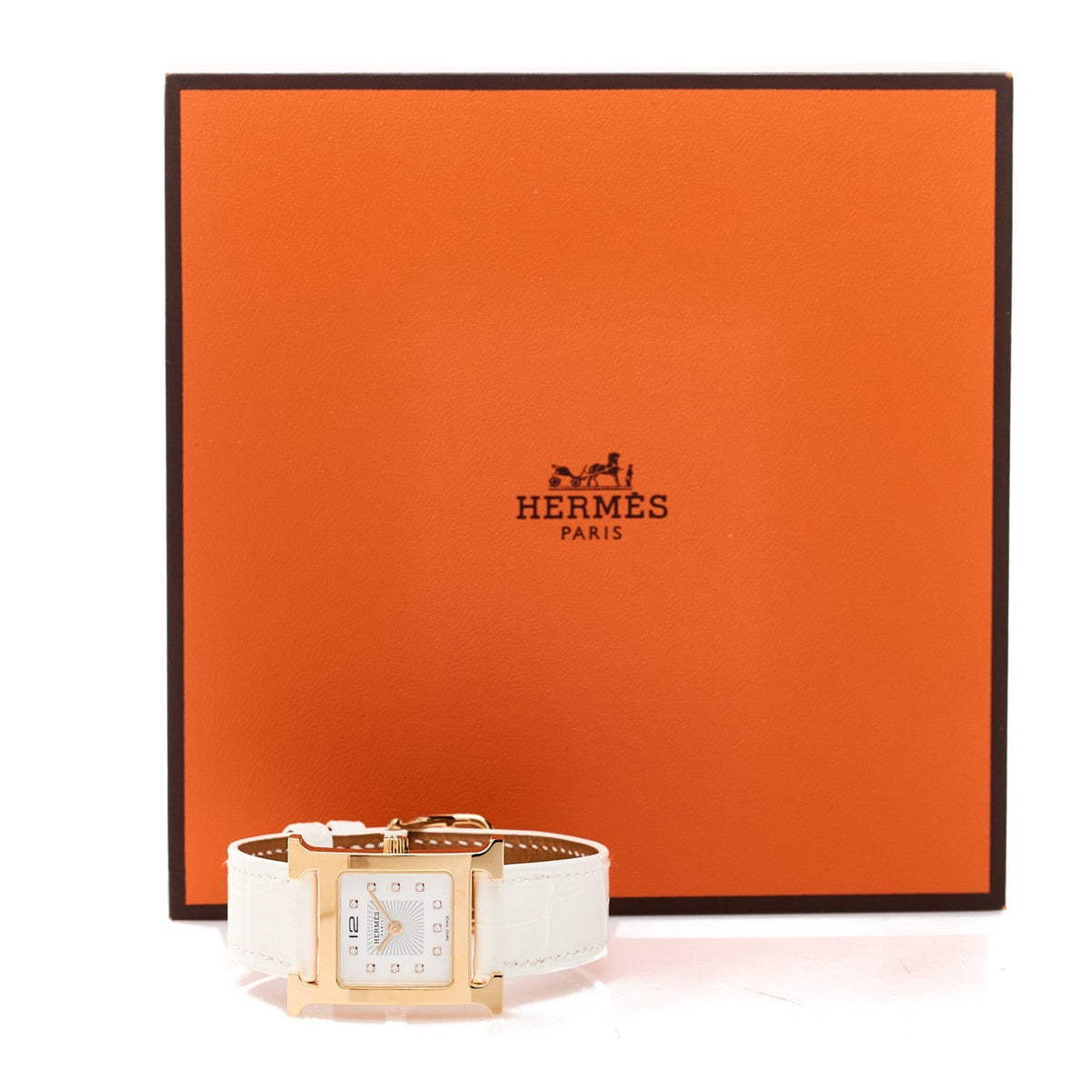 Hermes Stainless Steel Alligator Diamond Mother of Pearl 21mm Heure H Hour Quartz Watch Blanc