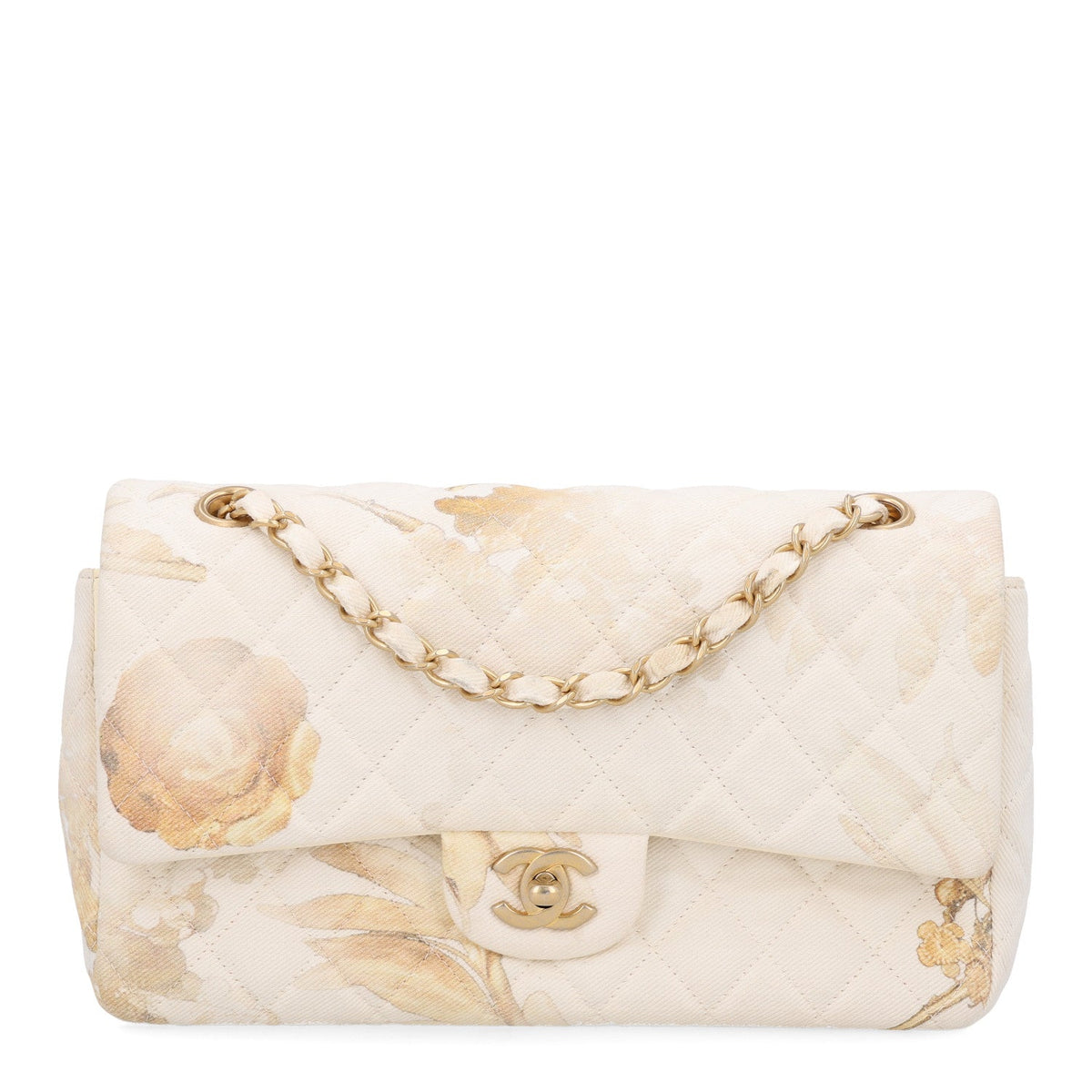 Chanel Denim Floral Printed Medium Double Flap Bag Beige