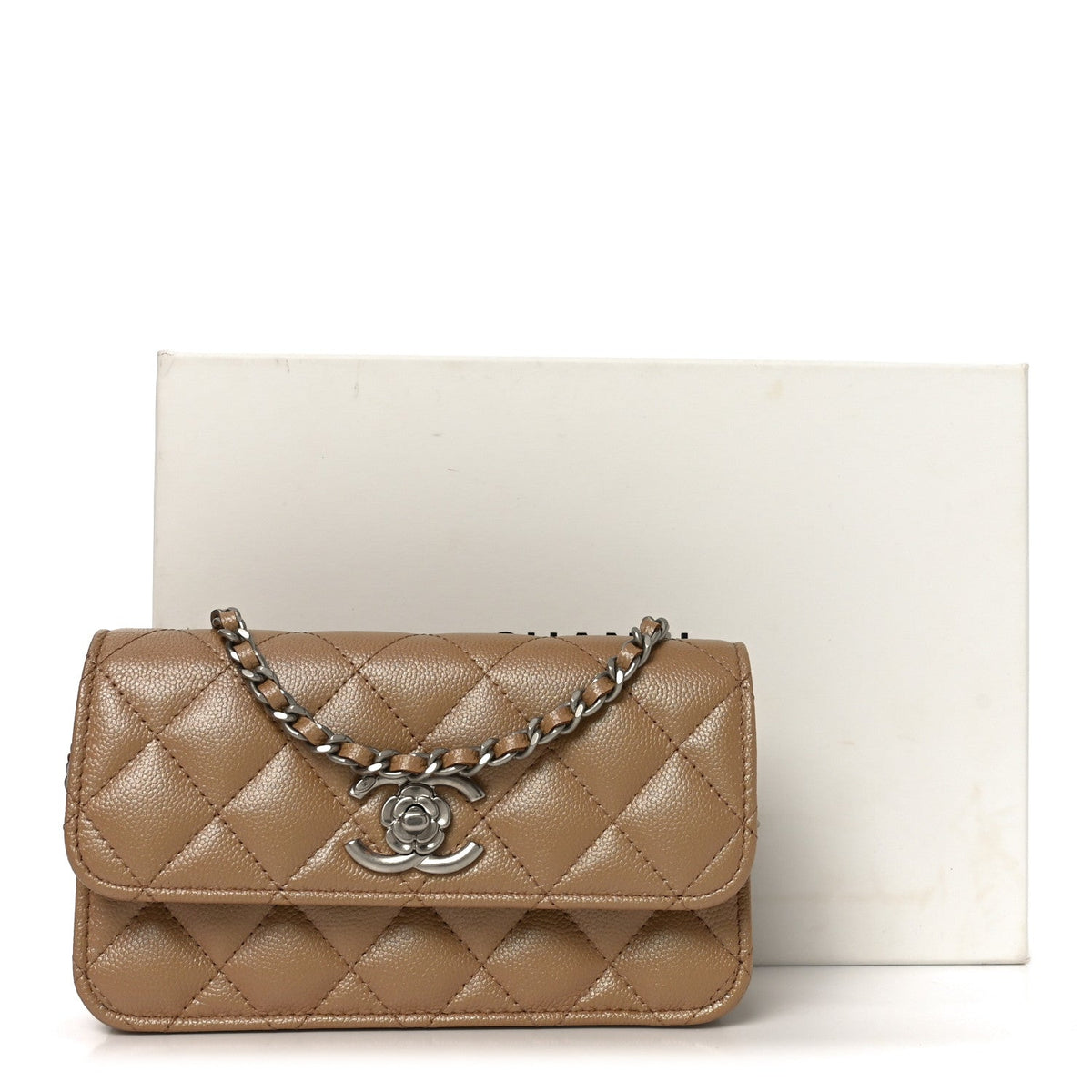 Chanel Iridescent Caviar Camellia Phone Holder With Chain Beige