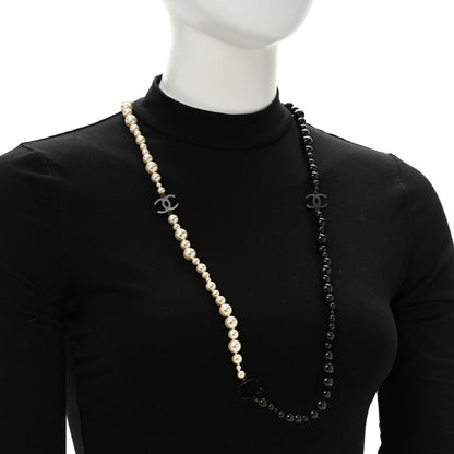 Chanel Ruthenium Pearl Beaded Enamel CC Long Necklace White Black