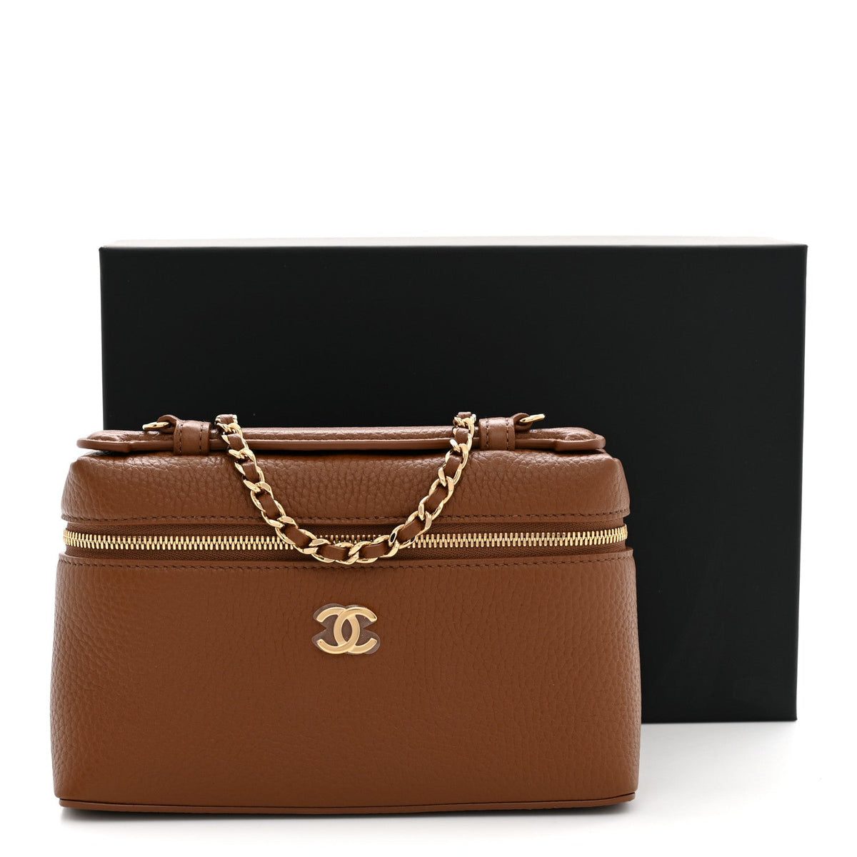 Chanel Grained Calfskin Small Supple Trapeze Vanity With Chain Camel