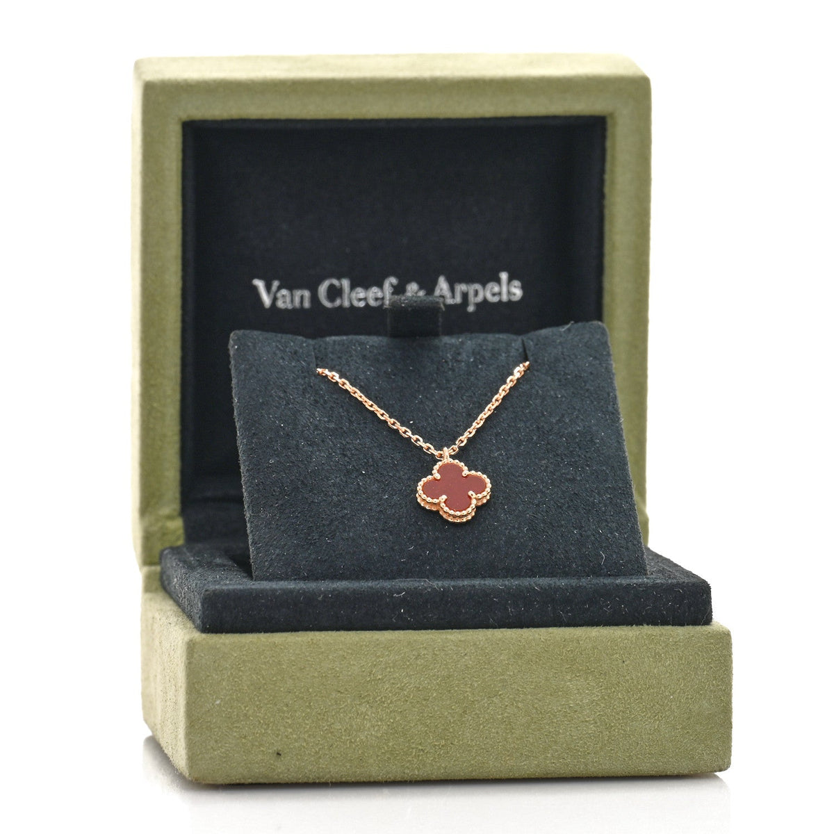 Van Cleef & Arpels 18K Rose Gold Carnelian Sweet Alhambra Pendant Necklace