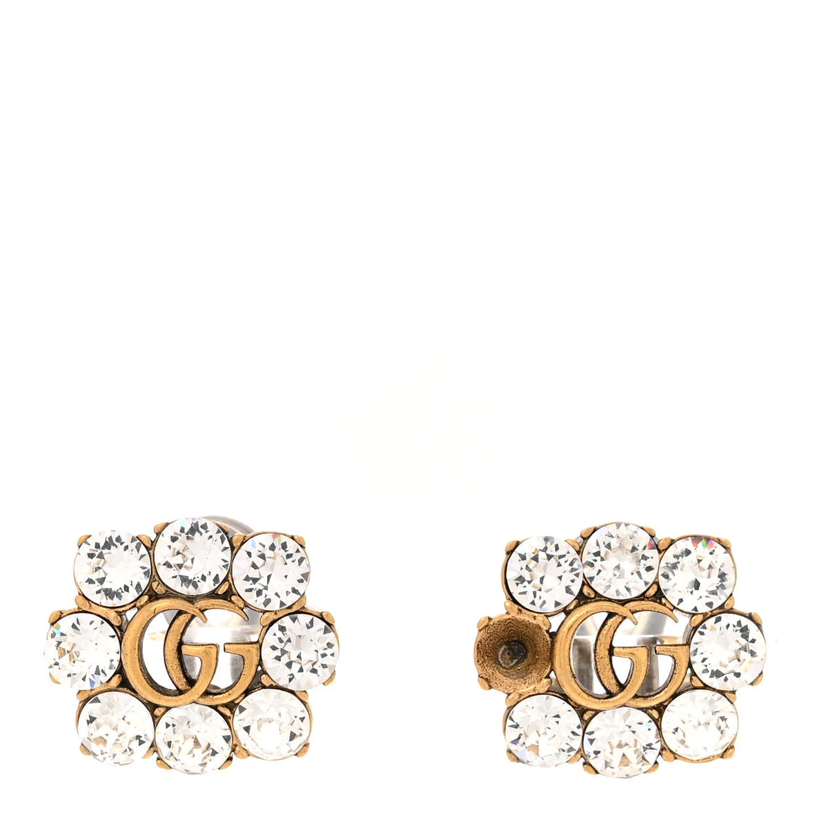 Gucci Metal Crystal Double G Clip On Earrings Aged Gold