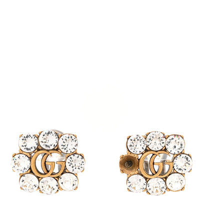 Gucci Metal Crystal Double G Clip On Earrings Aged Gold