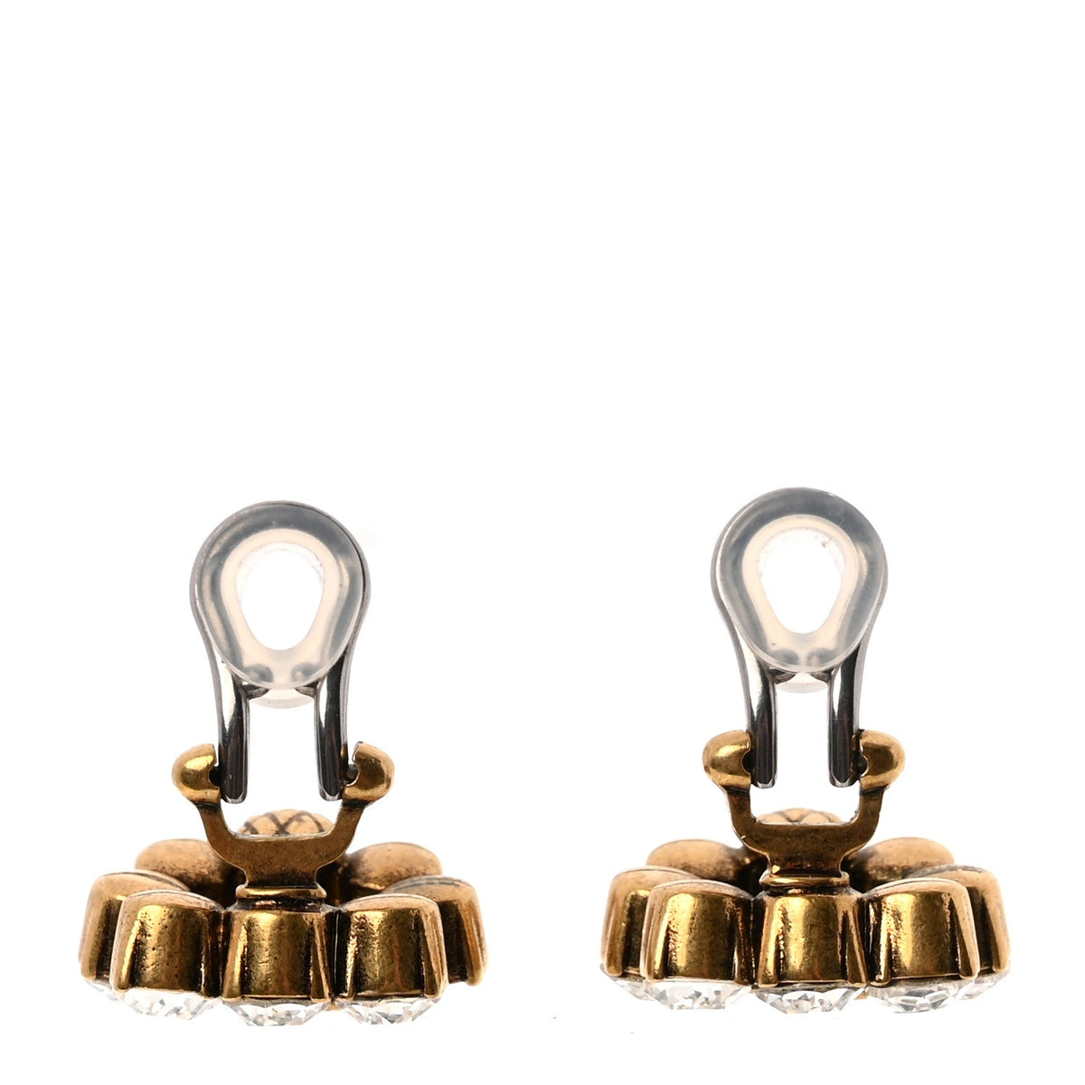 Gucci Metal Crystal Double G Clip On Earrings Aged Gold