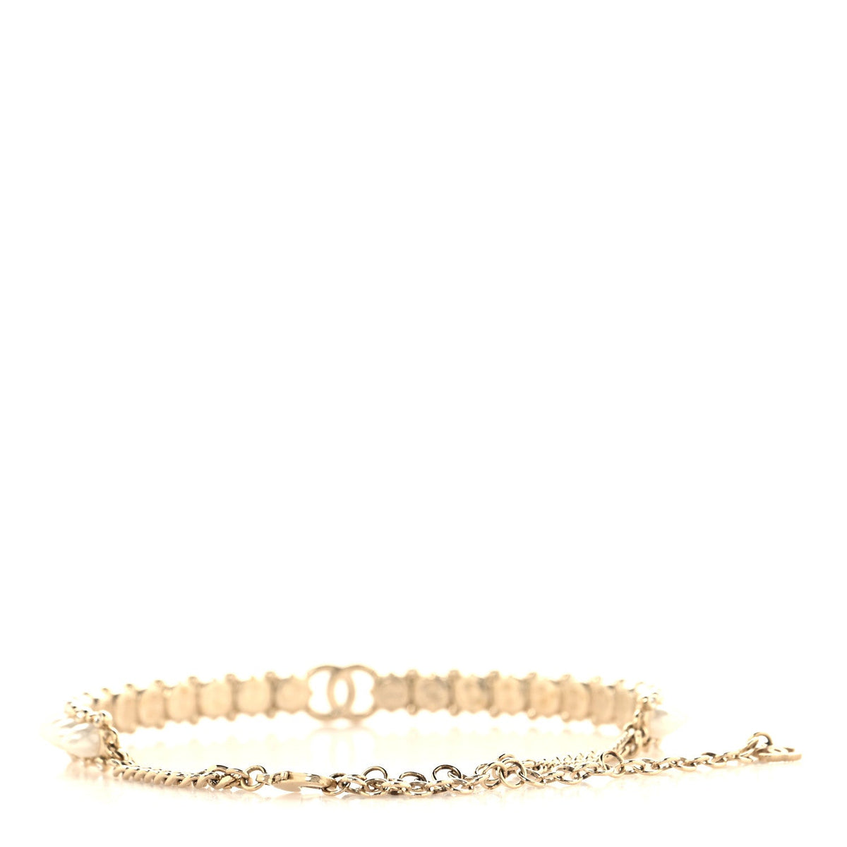 Chanel Strass Crystal Studded Pearl CC Choker Necklace Gold Pearly White