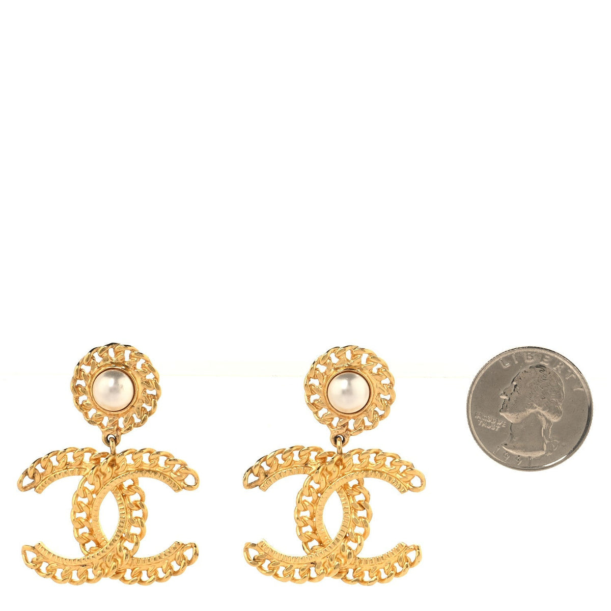 Chanel Metal Pearl CC Chain Drop Earrings Gold