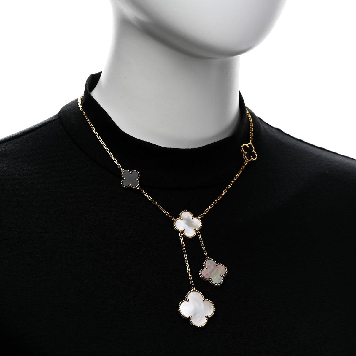Van Cleef & Arpels 18K Yellow Gold Mother of Pearl Onyx 6 Motifs Magic Alhambra Necklace