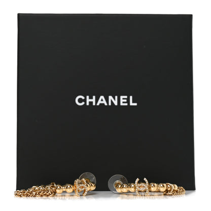 Chanel Metal Crystal Bead Chain CC Hoop Earrings Gold