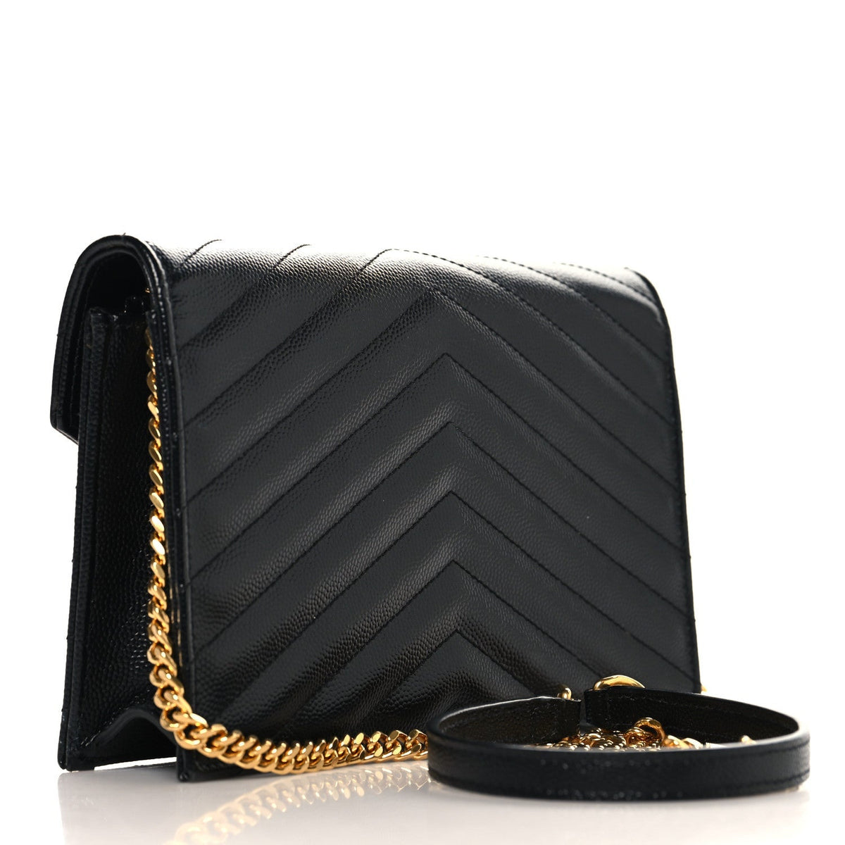 Saint Laurent Grain De Poudre Matelasse Chevron Monogram Envelope Chain Wallet Black