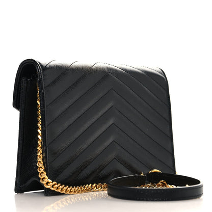 Saint Laurent Grain De Poudre Matelasse Chevron Monogram Envelope Chain Wallet Black