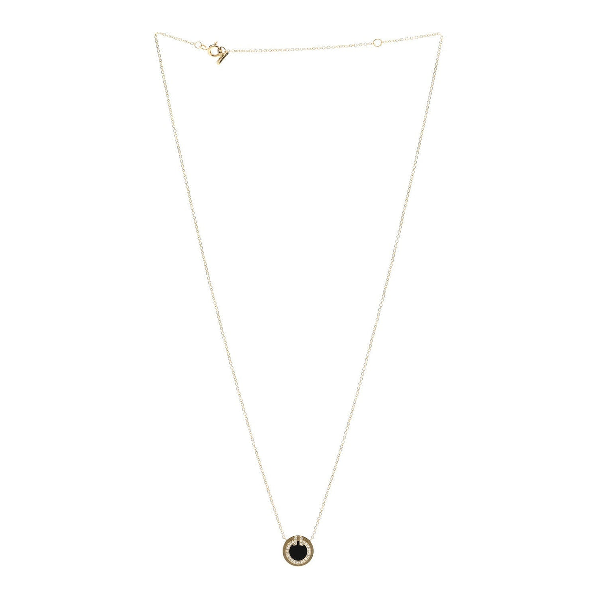 Tiffany 18K Yellow Gold Diamond Black Onyx Small T Circle Pendant Necklace