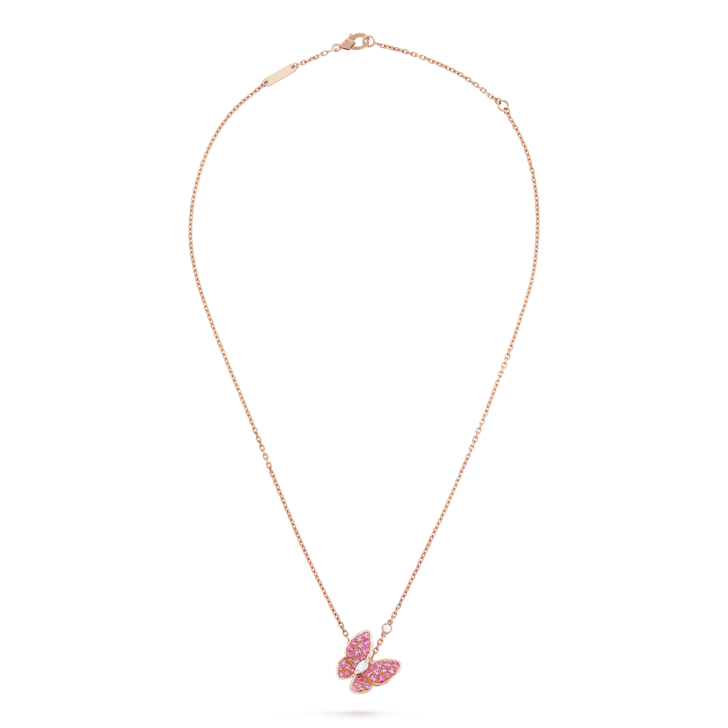 18K Rose Gold Diamond Sapphire VCA Two Butterfly Pendant