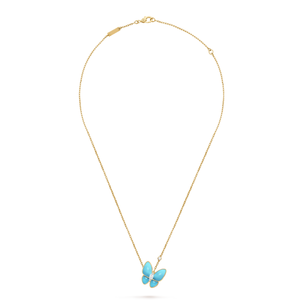 18K Gold Diamond Turquoise VCA Two Butterfly Pendant