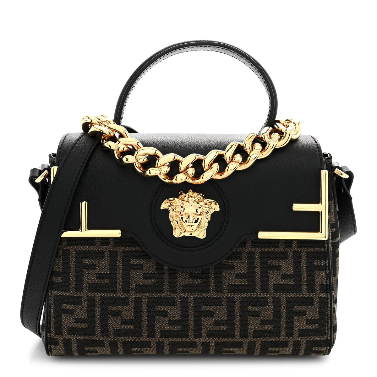 Versace Grained Calfskin Fendace Medium La Medusa Bag Black Brown