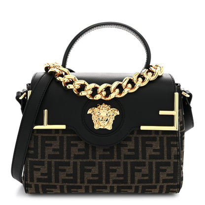 Versace Grained Calfskin Fendace Medium La Medusa Bag Black Brown
